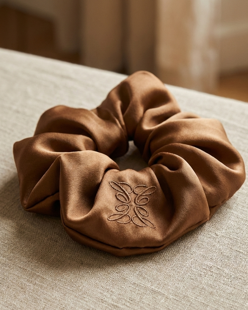 Brown scrunchie with an embroidered design on a textured surface